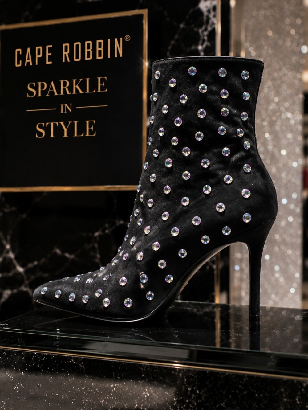 Cape Robbin Black Crystal-Embellished Pointed Ankle Bootie
